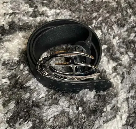 Y2K Silver Chrome Emblem Black Embossed Leather Belt - Picture 1 of 2